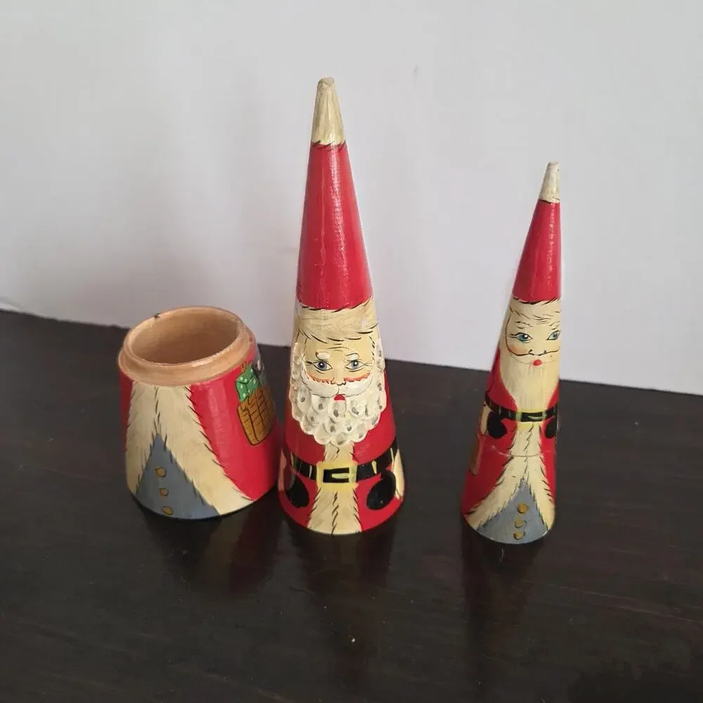Vintage Nesting Santa Claus Dolls Cone Shape 2 Pc Wooden Carved 8